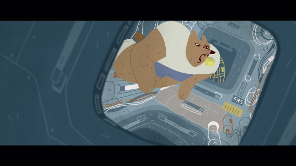 A still from an animation showing a dog floating in a space rocket